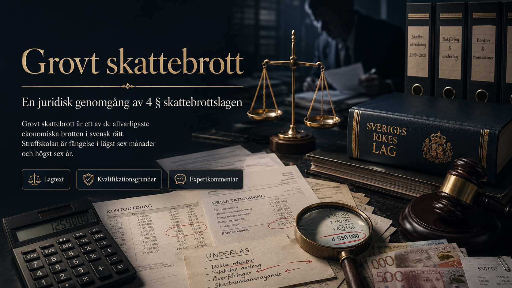 grovt-skattebrott-juridisk-genomgang Juridisk illustration om grovt skattebrott med skatteutredning, bokföringsunderlag, kalkylator, svenska sedlar, lagbok, domarklubba och rättvisans våg.